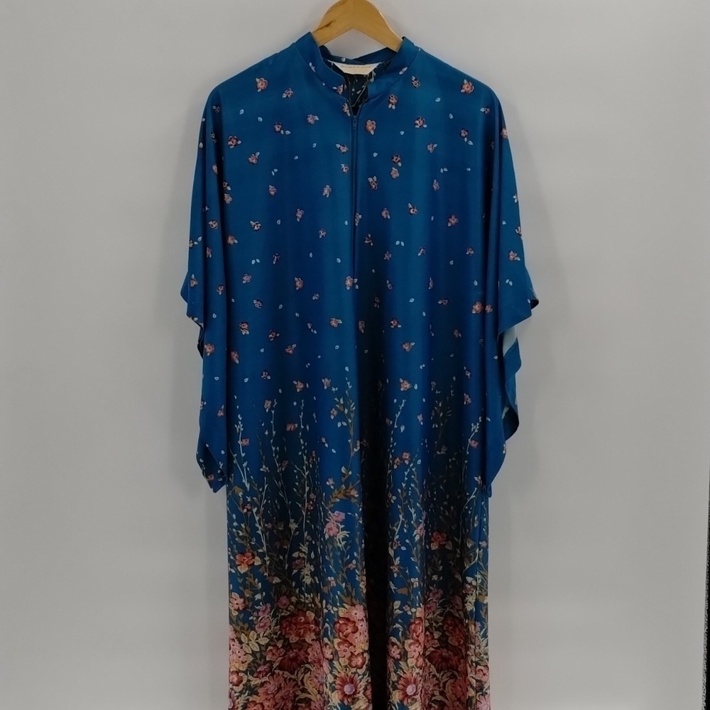 Rhapsody by Glazier-Chicago teal house coat large floral zip up angled sleeve